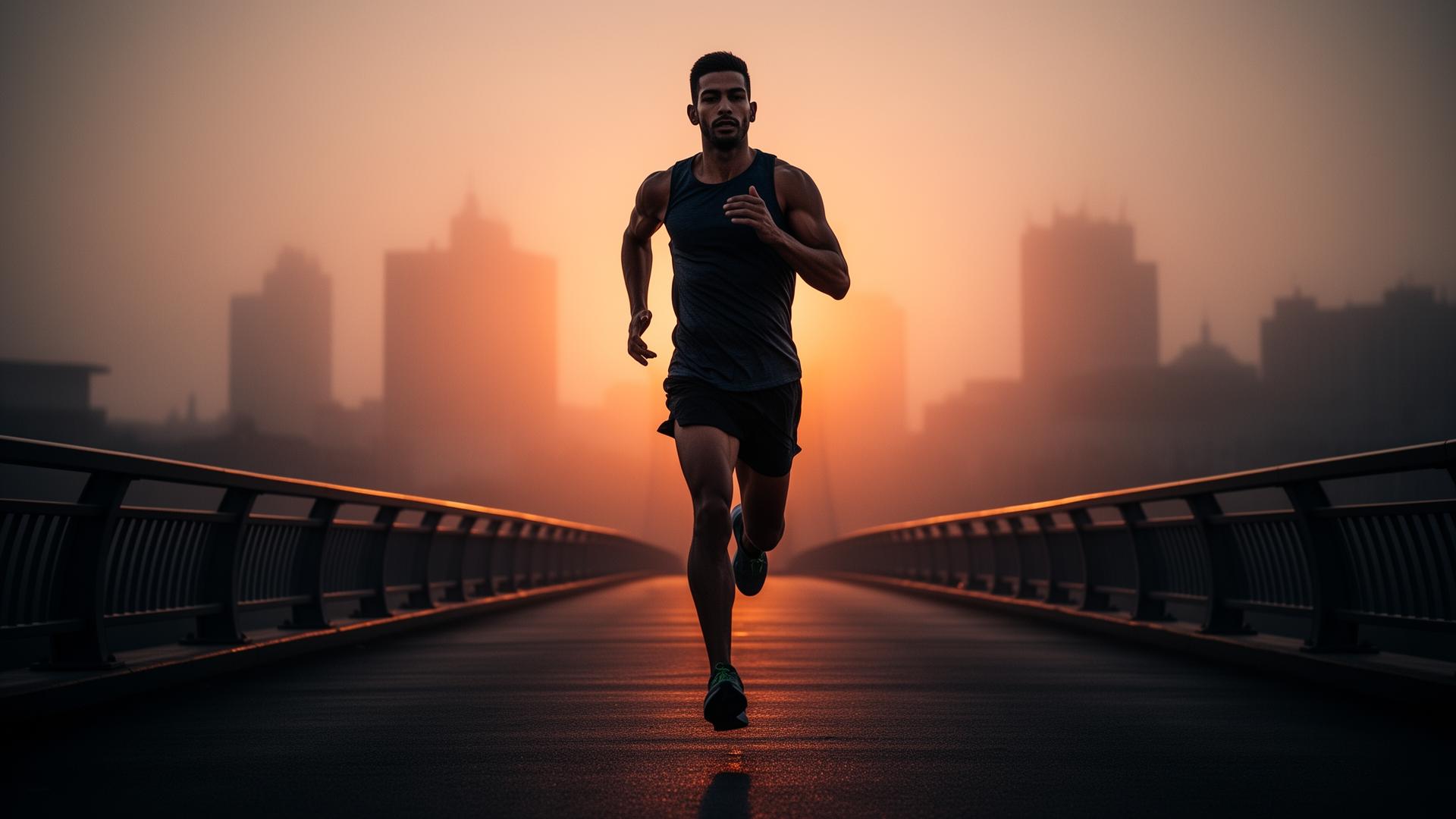 Runner crossing a bridge at sunrise